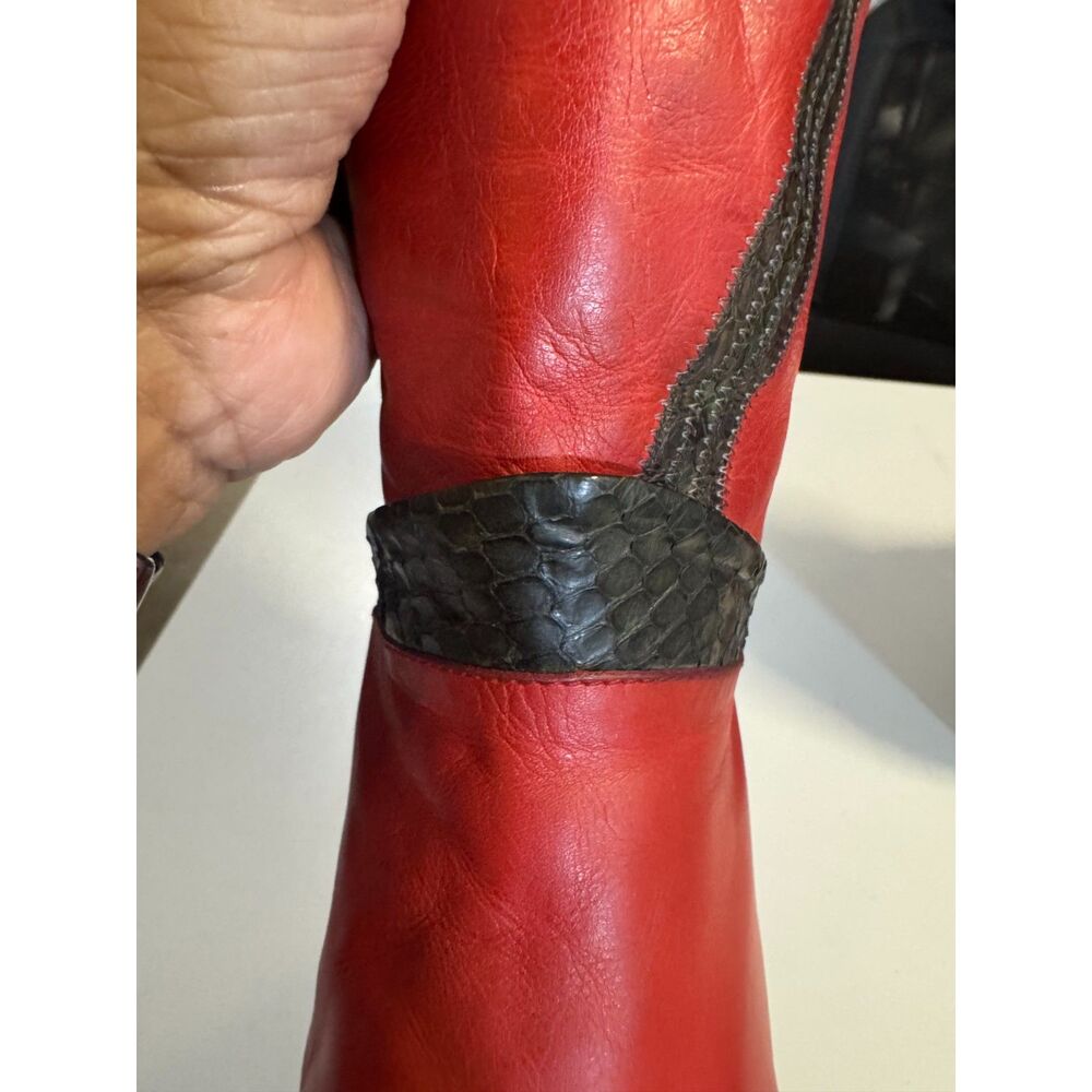 Vintage Pollini Red Leather Python Trim Knee High Boots Made Italy EU 37 6 1/2-7 - Picture 9 of 12